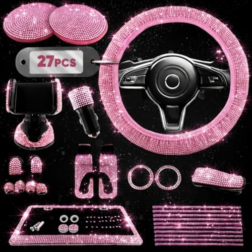 Pink Car Accessories Set, 27 Pieces – Bling Car Accessories for Interior Styling with Rhinestone Details for Daily Use, Universal Fit Kit for Steering Wheel, Vents, Mirror Area, Great Gift for Women