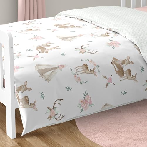 Image of Sweet Jojo Designs Blush Pink, Mint Green and White Boho Watercolor Woodland Deer Floral Girl Toddler Kid Childrens Bedding Set - 5 Pieces Comforter, Sham and Sheets