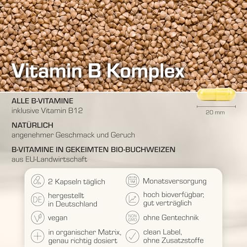Vitamin B Komplex hochdosiert in Buchweizen | im Glas | natürlich | vegan | hochdosiert | Alle B Vitamine mit Vitamin B12 | vegan, laborgeprüft und in Deutschland hergestellt