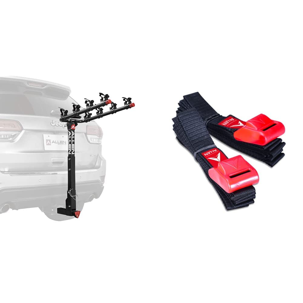 Allen Sports Deluxe Locking Quick Release 4-Bike Carrier for 2 Inch Hitch, Model 542QR, Black &amp; Sports 8 Ft Polyester Cargo Straps with Padded Cam Buckles (500 lb Break Strength), Model 508S