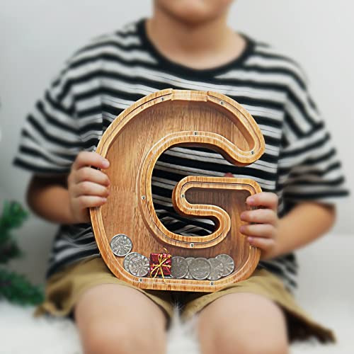 Image of Piggy Bank for Kids Boys Girls, Large Personalized Wooden Letter Piggy Bank with Cut-Out Design, Alphabet Letter Coin Banks, Money Savings Box, Wooden Bank for Kids Creative Gift for Real-Money(G)