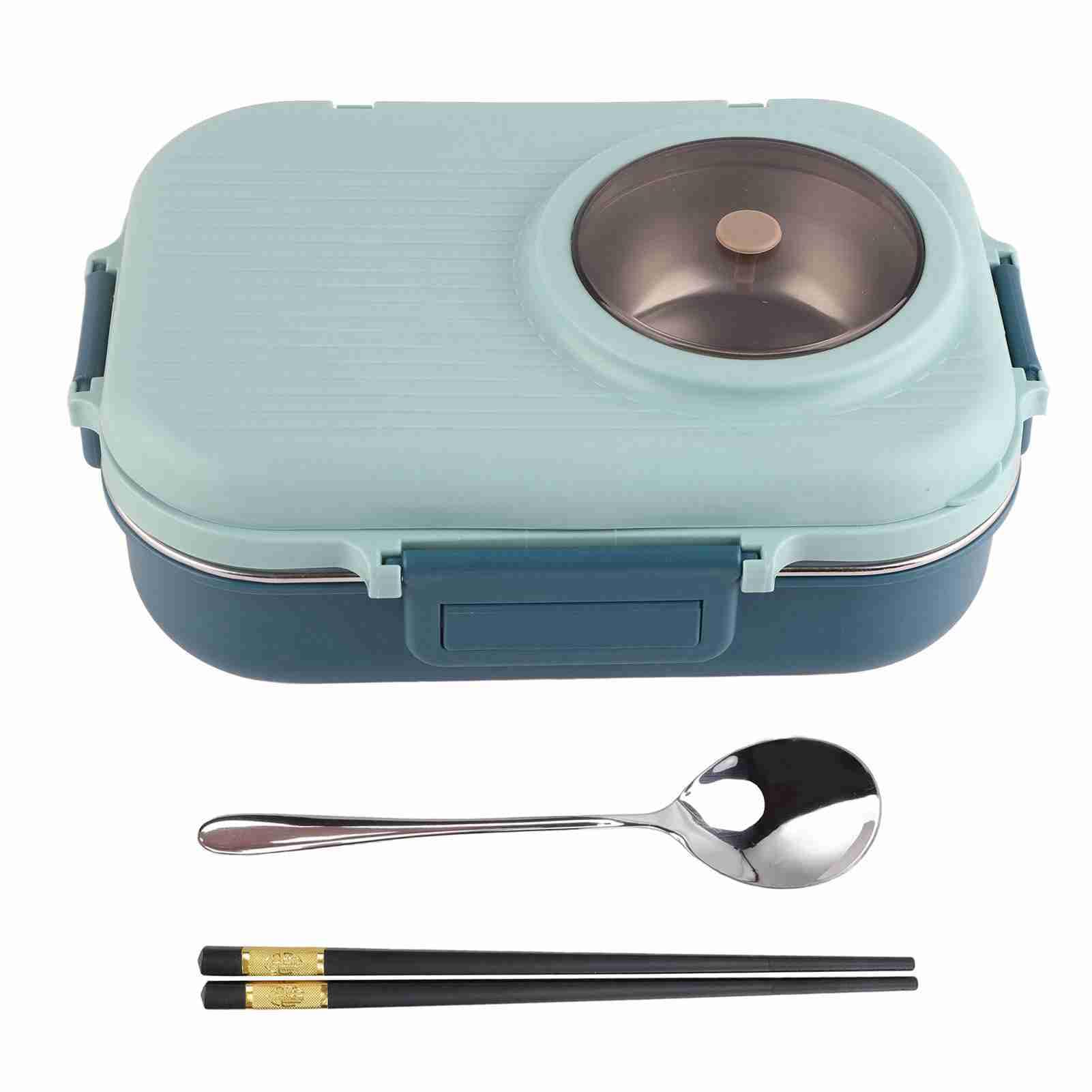 Boîte à Déjeuner, Boîte à Déjeuner Thermique en Acier Inoxydable 304 avec Cuillère, Baguettes et Bol à Soupe Double Couche 3 Compartiments de Stockage des Aliments, (BLUE)