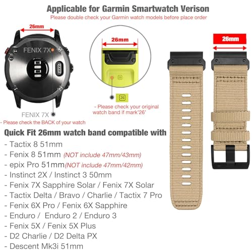 Abanen Heavy Duty Nylon Watch Band for Garmin Fenix 8 51mm/Fenix 7X/Enduro/Instinct 2X, Adjustable Sport Strap with Stainless Steel Clasp for Fenix 6X/5X, Tactix 7 Pro, epix Pro