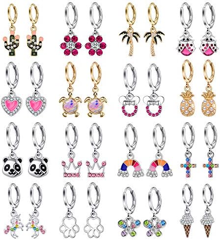Aganippe 12/16/18 Pairs Hypoallergenic Acrylic Dangle Hoop Earrings Cute Multiple Colour Fox Flower Flag Panda Pineapple Beetle Fruits Food Cartoon Dangle Hoop Earrings for Little Girls Women (16 Pairs Beetle)