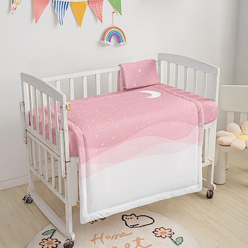 Image of Crib Bedding Set, 3pcs Nursery Crib Covers with Comforter & Skirt, Pink Moon Printed Bedding for Baby Boys & Girls