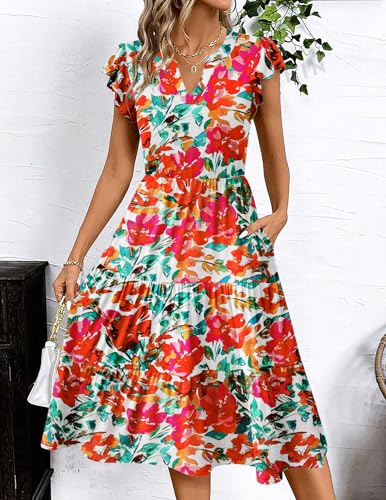 Image of ZEAGOO Womens Summer Casual Dresses Ruffle Sleeve V Neck Midi Dress Flowy Tiered Dress with Pockets Boho Sundresses