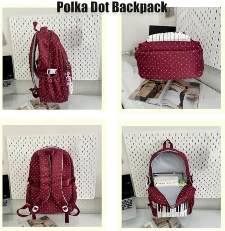 Music Backpack for Women Novelty Playful Whimsical Cute Y2k Piano Backpack Polka Dots Nylon Bag (Burgundy) - 5