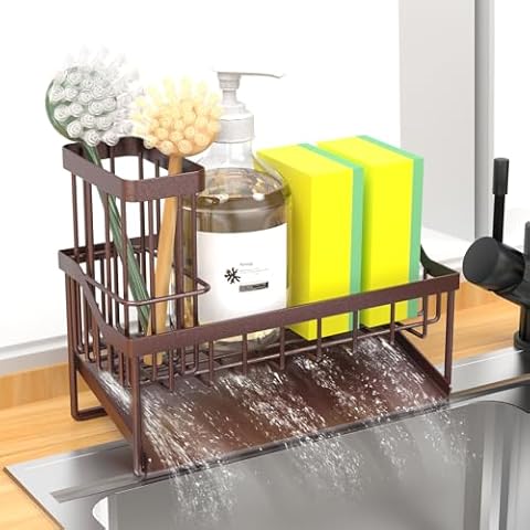 Vanwood Kitchen Sink Caddy Sponge Holder for Kitchen Sink with Brush Holder, Kitchen Sink Cocina Organizer and Storage Dish Soap Sponge Caddy with Auto Stainless Steel Draining Tray Cover
