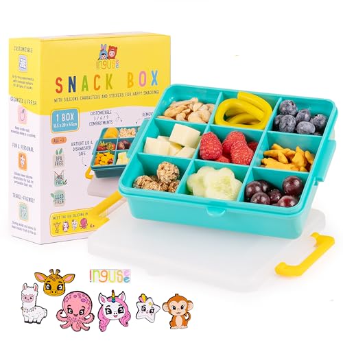Travel Snack Box for Kids - Customizable Snackbox Container Organization System with Removable Dividers and Fun Silicone Character Decorations - Air-Tight Dishwasher-Friendly Toddler Food Containers