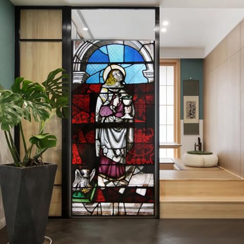 Church Style Stained Glass Window Film Decorative Privacy Non Adhesive Window Stickers for Home Office J23 90x200cm(35.4