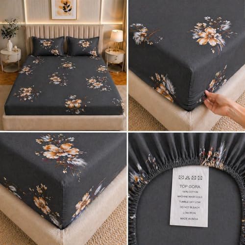 Image of Castiqa Elastic Fitted Supersoft Premium Polycotton 200TC King Size Bedsheets with 2 Pillow Covers (Fits Upto Mattress of 8Inches) (Gray, Full 72x78x8Inch)