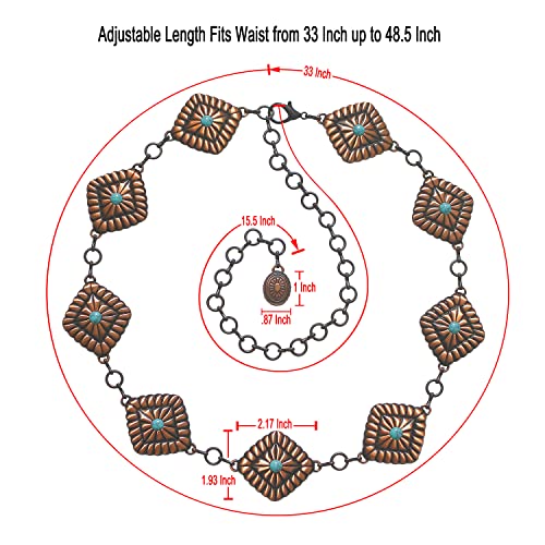 Turquoise Concho Chain Belt For Women, Western Metal Waist Ladies With Antique Copper Plating (Green Turquoise), 48.5'' (33''+Extended Chain 15.5'') #TOP1