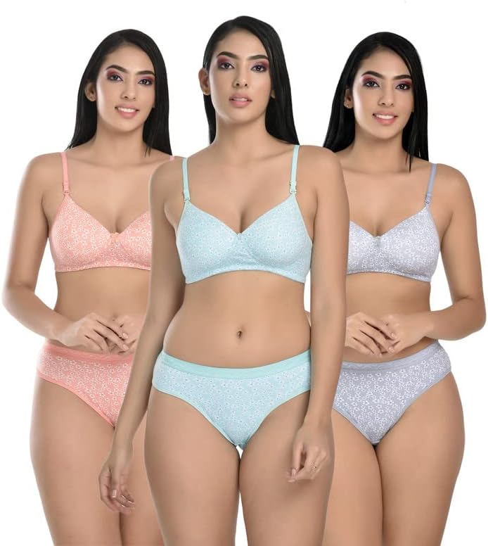 BoLeeMLingerie Set Full Coverage Padded Bra and Hipster Panty // Lingerie Set Combo (Pack of 3)