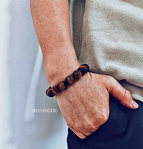Mens Tiger Eye Stone Beaded Bracelet, Large 14mm Natural Gemstone Beads Bracelet,Stretchable Chunky and Manly looking3