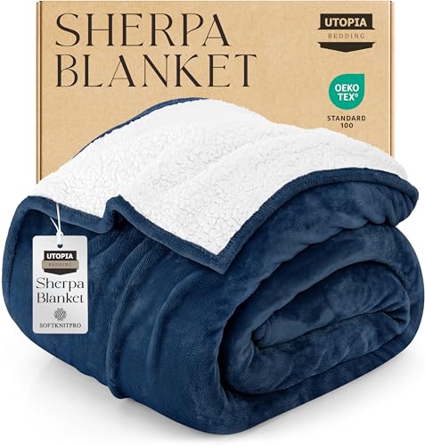 Utopia Bedding Sherpa Blanket King Size (Navy, 90x102 Inches) - Soft Lightweight Plush Fleece Reversible Blanket for Bed, Sofa, Couch, Camping and Travel