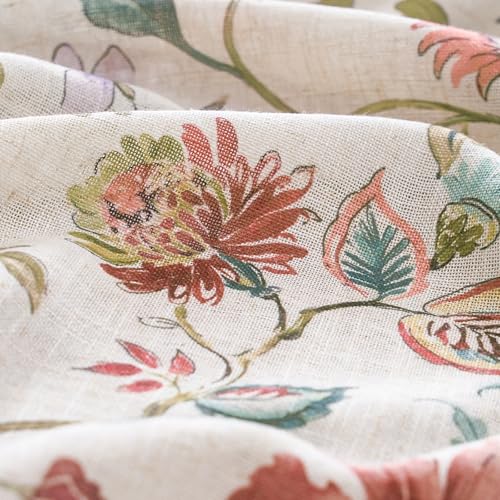 Image of jinchan Beige Floral Linen Curtains 63 Inch Farmhouse Back Tab 2 Panels