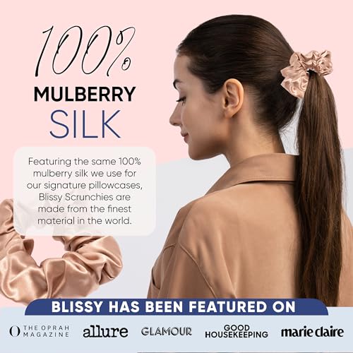 Image of Blissy Silk Scrunchies (3 Pack) - 100% Pure Mulberry Silk - 22 Momme 6A High-Grade Fibers Scrunchie for Straight & Curly Hair - Preventing Breakage, Tangling, & Creasing (Rose Regular)
