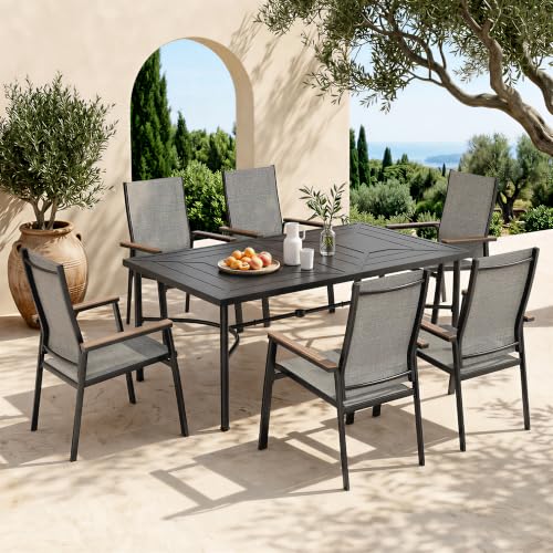 Image of Sophia & William 7 Piece Outdoor Dining Set, Metal Patio Table with Umbrella Hole and Space-Saving Stackable Textilene Chairs with Aluminum Frame for Patio Lawn Garden (Grey Chairs)
