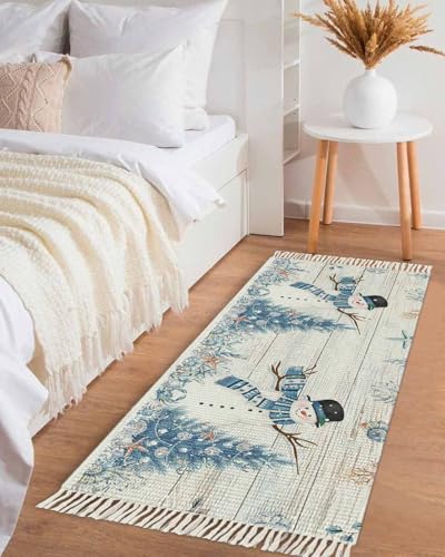 Christmas Coastal Hallway Runner Rug 2x5ft,Blue Snowman Coral Starfish Snowflake Washable Woven Living Room Bedroom Kitchen Bathroom Carpet with Tassels,Non-Shedding Indoor Throw Door Mat for Entryway - Image 4