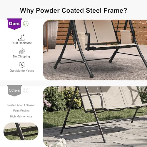 Image of PURPLE LEAF Porch Swing with Adjustable Tilt Canopy 2-Seat Patio Swing with Stand and Metal Steel Frame All-Weather Outdoor Swing Chair Seat Space-Saving for Backyard Garden Deck (Cream)