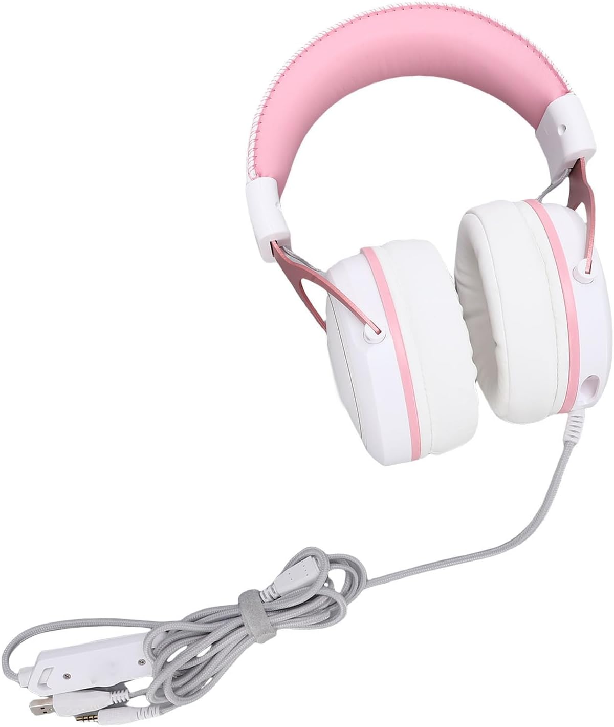 Wired Gaming Headset, Computer Headphones with Noise Cancelling Mic, Over Ear Headphones with RGB Lights & 50mm Driver Unit, Ideal for PC, Laptop & Call Center (White Pink with Cat Ears Decor)
