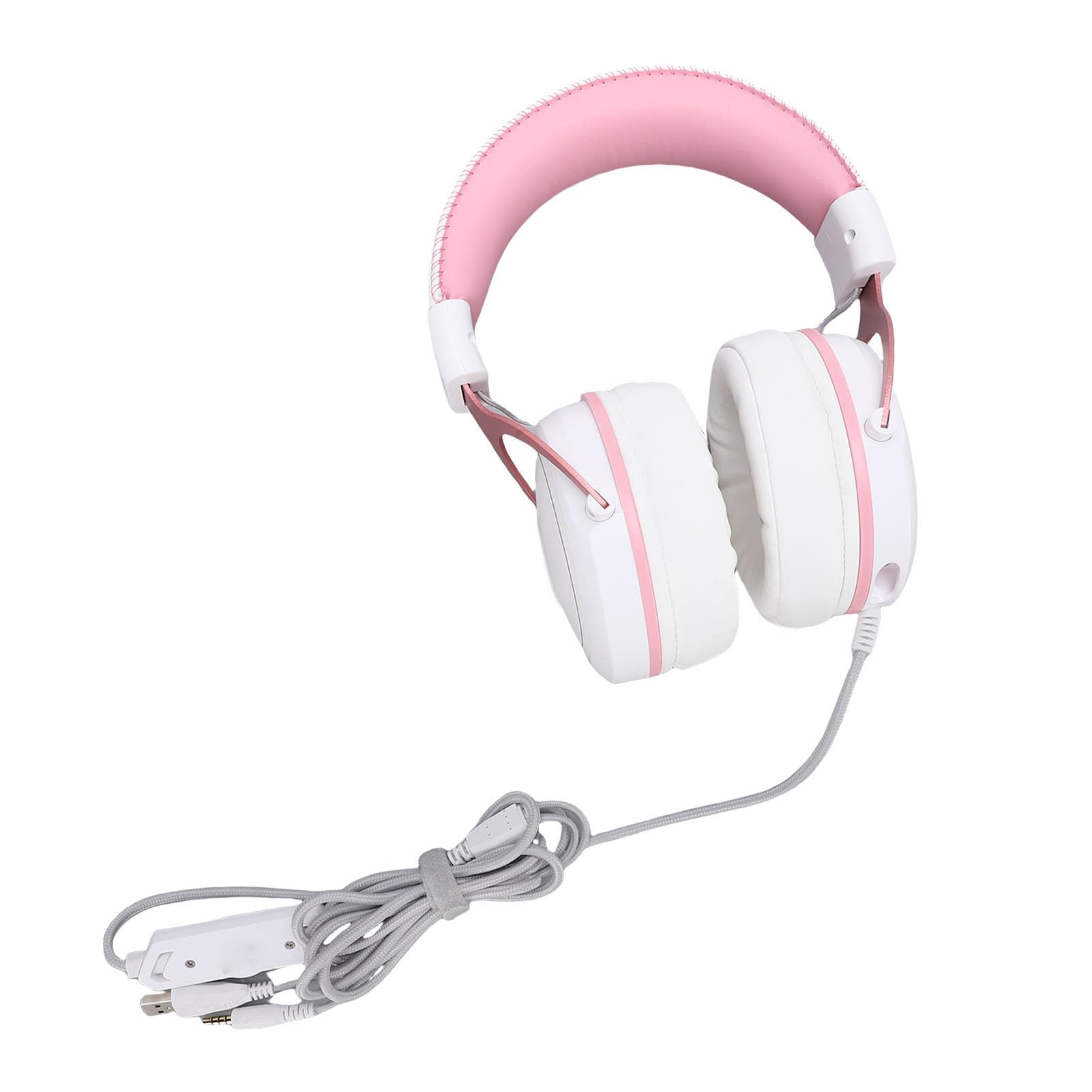 Wired Gaming Headset, Computer Headphones with Noise Cancelling Mic, Over Ear Headphones with RGB Lights & 50mm Driver Unit, Ideal for PC, Laptop & Call Center (White Pink with Cat Ears Decor)