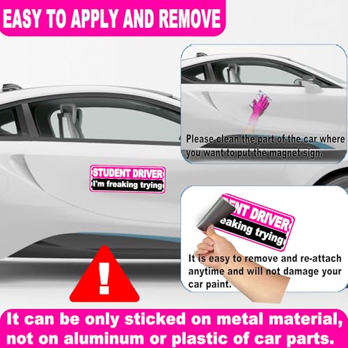 Image of Pink Student Driver Magnet for Car, Cute New Driver Magnetic Vehicle Sign, Reflective Safety Warning Sticker Magnet Sign for Girl, 10 inch x 3.5 inch (Pink- 2 Pack)