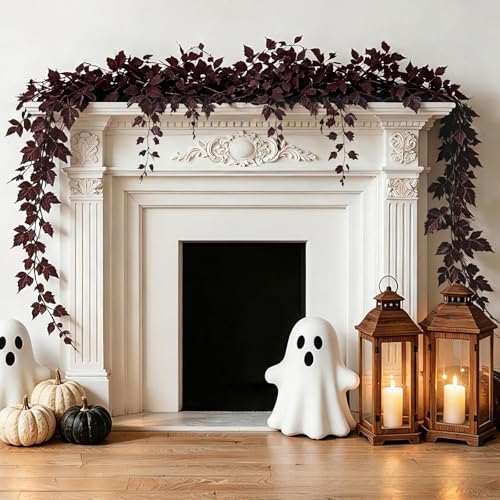 Fall Decorations for Home-6FT Dark Plum Fall Garland Fuller Artificial Autumn Leaf Garland for Mantel Fireplace Table Moody Thanksgiving Halloween Decor with Flexible Branches for Indoor Styling
