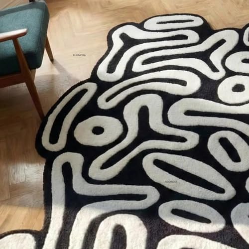 Image of Hand Tufted Wool Rug 6x8 Ft - Modern Irregular Shape Aesthetic Carpet, 1 Inch Thick Pile, Anti-Skid Backing, Soft Handmade Woolen Area Rug for Living Room, Bedroom, Hall Decor