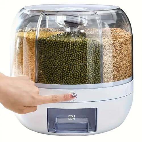 WYSYZJJ Rotating grain storage container, 6-compartment rice and grain storage container, 360 ° rotating food dispenser, used for storing rice, legumes, grain food with box lid, moisture-proof, white