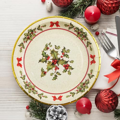 ceiba tree 48 Pack Christmas Paper Plates 24 Pcs 9" Disposable Paper Dinner Plates 24 PCS 7" Dessert Plates Christmas Holly Dinnerware Set for 24 Guests Party Supplies – Image 4