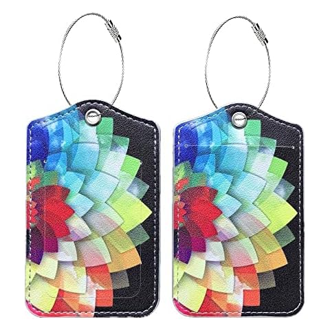 2 Pack Luggage Tags for Suitcases, Novelty Leather Luggage Tags Labels for Travel Bag Suitcase with Steel Loop Name ID Card Clear Window and Privacy Cover (Colorful Flowers) Cover