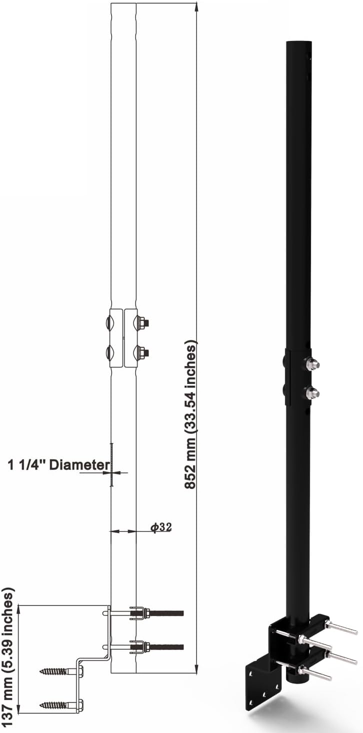 CEKAY Pole Mount with Bracket & Clamp U-Bolts for Outdoor Antennas, Signal Boosters & Weather Stations – 33" Length, 1 1/4" OD Steel Pole, Powder-Coated, Corrosion-Resistant