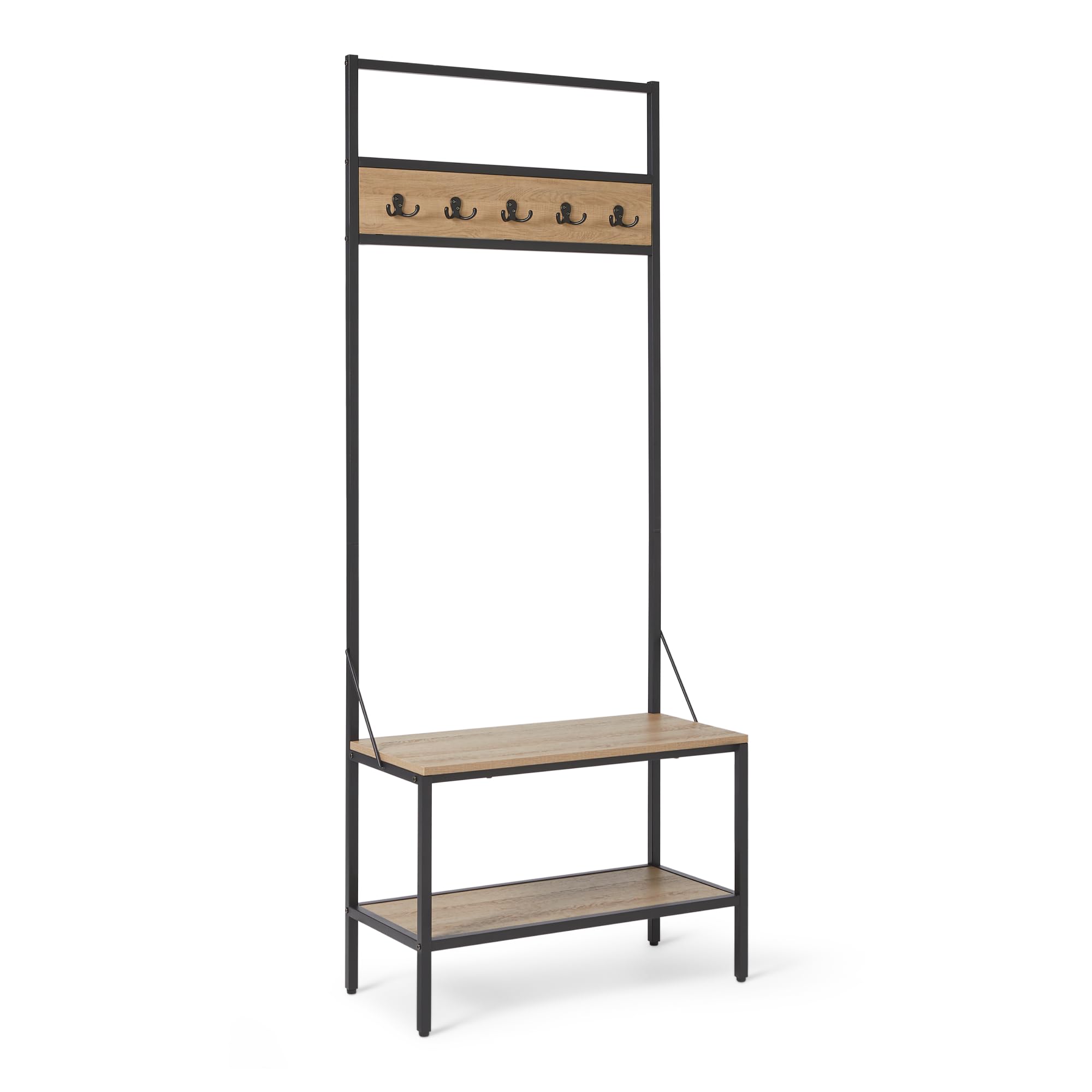 Amazon Basics Banc d’Entrée avec Crochets, Porte-Manteau, Portant à Vêtements, Vestiaire d’Entrée avec Rangement à Chaussures, 34cm x 72cm x 182cm, Chêne