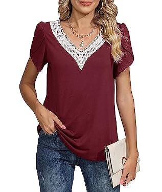 AMAZON - LILBETTER Women’s Casual Petal Sleeve Lace V Neck T Shirts Short Sleeve Blouses Cute Summer Tops(Wind Red,XXL-Large)