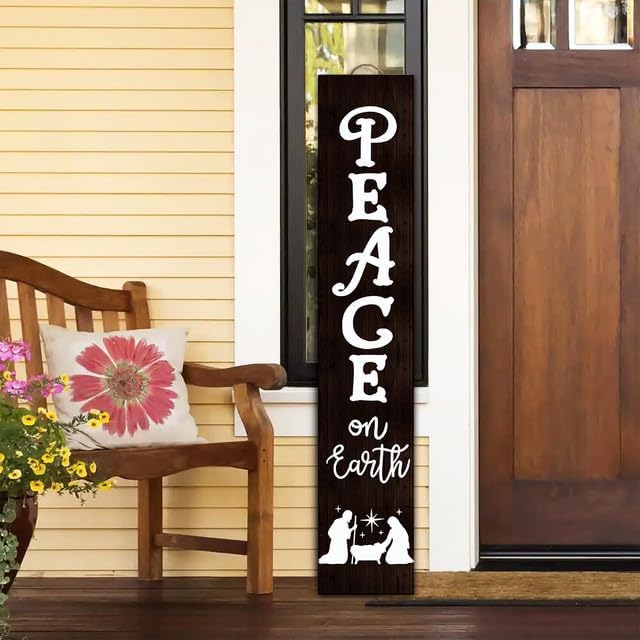 (48x8) IN Tall Peace On Earth Porch Sign Decor Wooden Hanging Christmas Yard Sign For Front Door Porch Standinging Home Christmas Decorations Outdoor Indoor