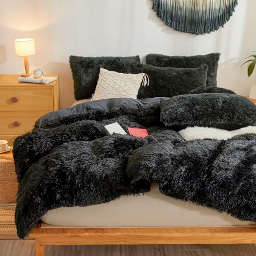 Fluffy Faux Fur Black Comforter Cover Queen Set – Plush Fluffy Black Bedding 3-Piece Set (1 Duvet Cover + 2 Furry Pillow Shams) Cozy Bed Set