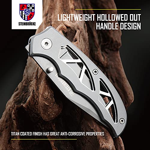 Steinbrucke Folding Pocket Knife with Clip, German Stainless Steel (8Cr15Mov) 3'' Blade, Durable Titan Coated, Hollowed Out Handle, Great for Fishing, Hunting, Camping, Survival and Outdoor