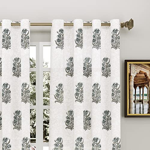 Image of BLOCKS OF INDIA Hand Block Printed Cotton Daylight Curtains with Eyelets (Set of 2 Curtains, Flower 1, 5 Feet /Windowsemi Sheer, White,Grey)