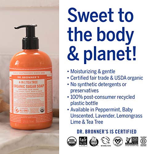 image for Dr. Bronner's - Organic Sugar Soap (Tea Tree, 12 Ounce) - Made with Or