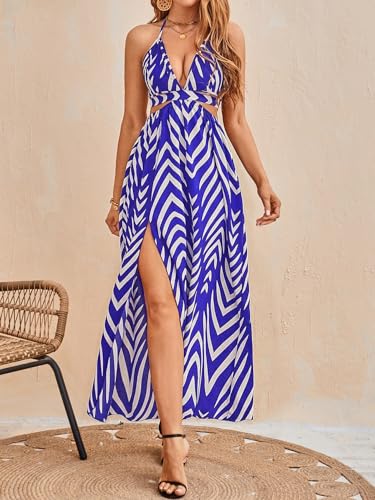 Image of SweatyRocks Women's High Split Tie Backless Cut Out Halter Maxi Dresses Boho Vacation Long Dress