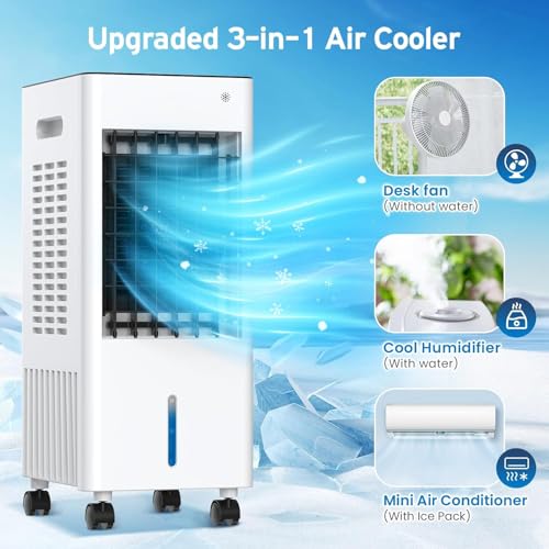 Portable Air Conditioners, Evaporative Air Cooler, 3-Side Air Intake Portable AC Unit w/ 8L Larger Water Tank, 3 Speeds, 60°Oscillation,7.5H Timer, Swamp Cooler for Room Home Office by Laluztop - Image 2