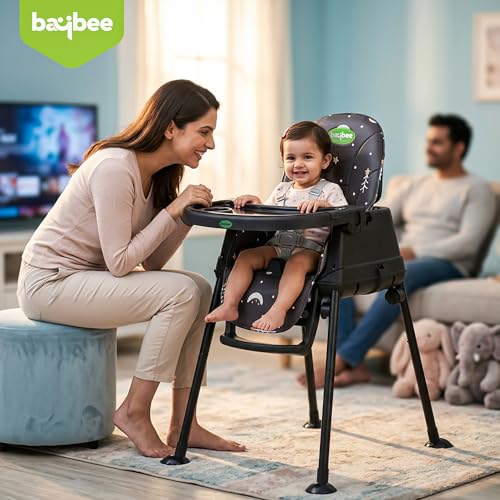 Image of Baybee 4 in 1 Convertible High Chair for Kids | Foldable Baby Feeding Chair with Safety Harness, Adjustable Tray, Booster Seat | Easy to Clean, Portable Dining Chair (Black)