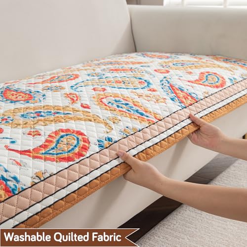 Image of HOKIPO 'LiefNest' Printed Holland Velvet Sofa Cover Mat with Foam Filling for 1 /2 /3 Seater & L-Shape Sofa. Make Your Own Sofa Cover Set, Mat Size: 60(L) cm, Paisley Multicolor (IN-821-D8)