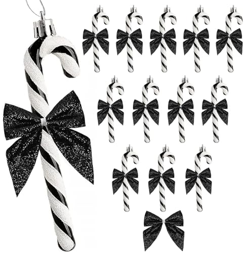 HERZWILD 12Pcs Christmas Glitter Candy Cane with Bow Black Plastic Candy Cane Decoration Christmas Tree Hanging Ornament for Holiday Party Decoration Favor(Black Bow)