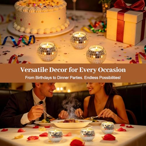 Image of Luditek Disco Ball Candle Holders, 12 Pcs Mirror Silver Decor for Christmas Birthday Wedding NYE Party Decorations, Glass Votive with Tealights for Home Table Centerpiece, Gifts for Women