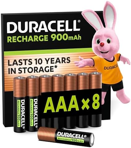 DURACELL AAA Wiederaufladbare Batterie (8 Stück) 1.2V, 900 mAh NiMH | Vorgeladen - langlebige wiederaufladbare AAA-Batterie - ideal für z.B. Gaming-Controller - 0% Plastikverpackun
