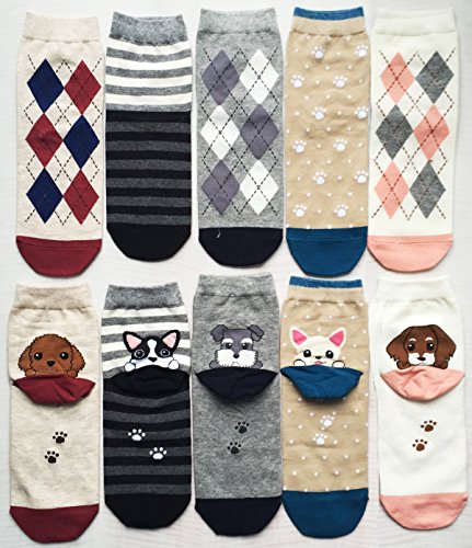 YSense Damen Socken Lustige mit Bunte Tiere Malerei 4/5 Paare Süße Baumwollsocken MEHRWEG (DOG&CAT) - 7