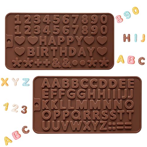 2PCS Silicone Molds for Chocolate,Number Letter Molds,Reusable Candy Molds with Happy Birthday Decorating Symbols,Mini Size Alphabet Decorating for Birthday Cake Lollipop Fondant Chocolate