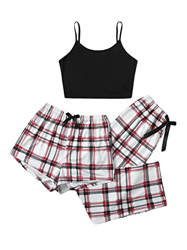GORGLITTER Women's 3 Piece Summer Pajama Set Sleeveless Scoop Neck Cami Tops with Plaid Shorts & Pants Sleepwear Red Black Multi S